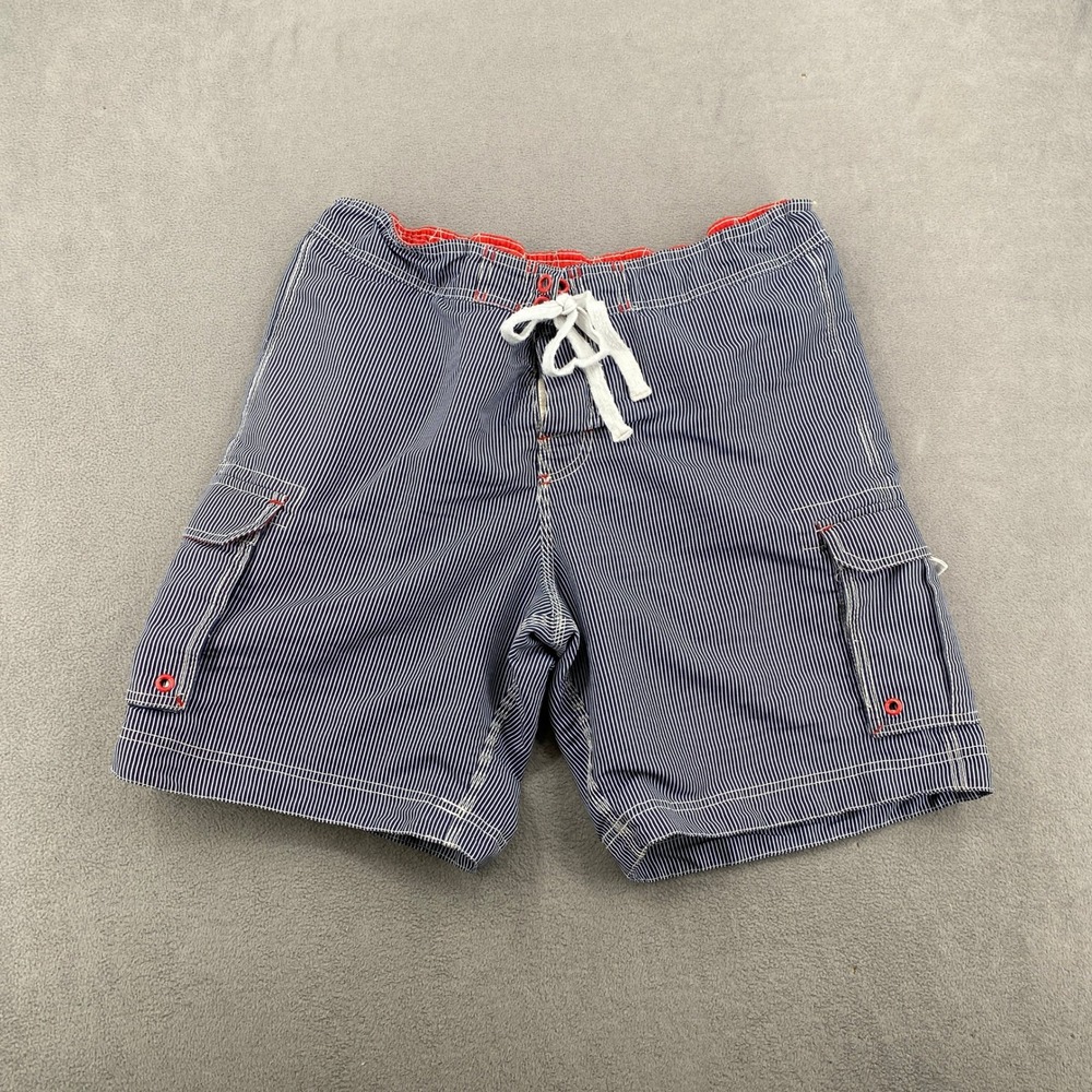 HM Mens Blue White Striped Cargo Swim Trunks Size L Board Shorts Red Accents